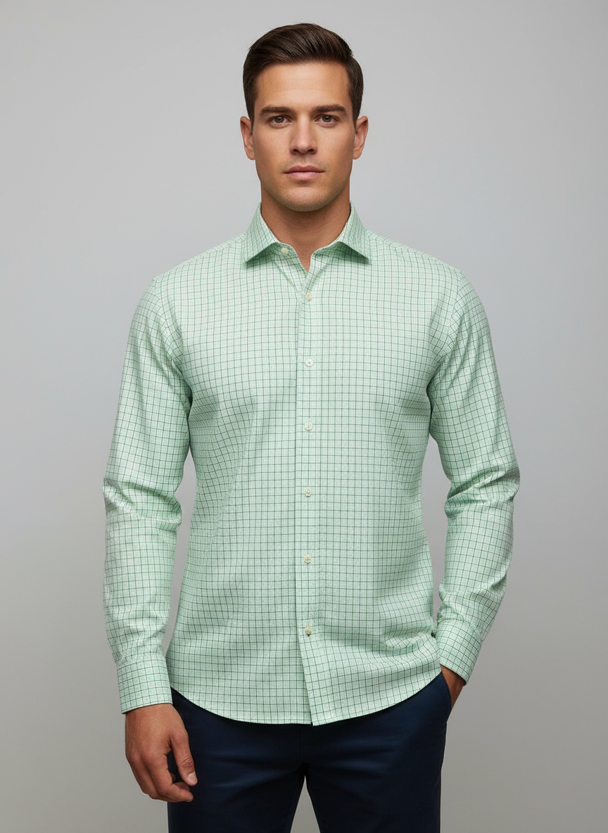Camisa Polo Ralph Lauren 🏇🏼 color verde claro con patron de cuadros finos en color azul Talla S Entalle Custom Fit