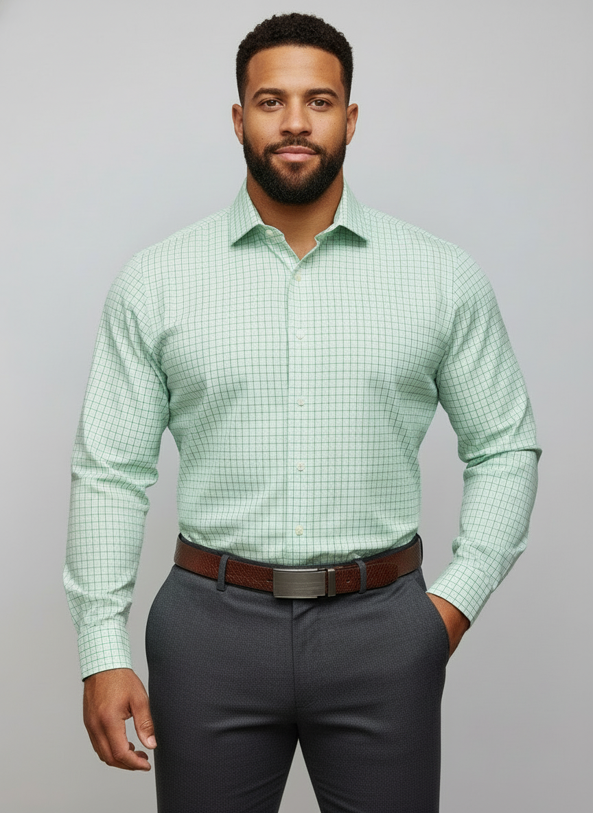Camisa Polo Ralph Lauren 🏇🏼 color verde claro con patron de cuadros finos en color azul Talla S Entalle Custom Fit