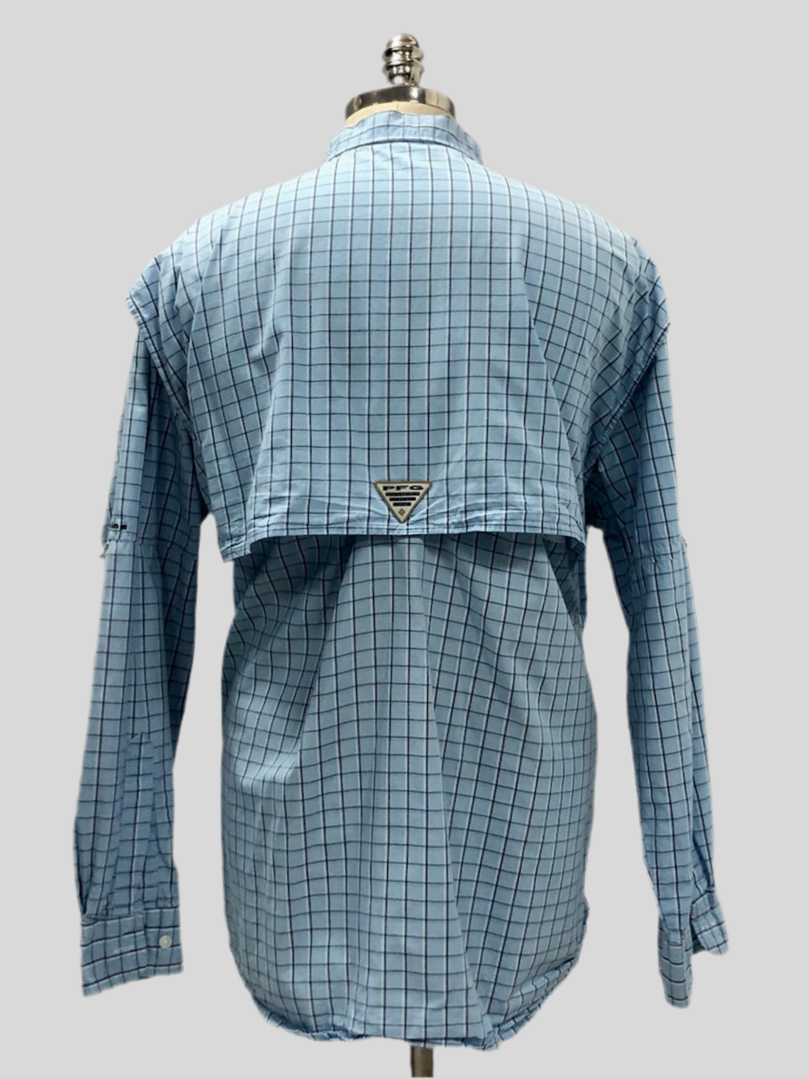 Camisa Columbia 🔹 Modelo Super Bonehead con patrón de cuadros en celeste, negro y blanco Manga larga Talla XL