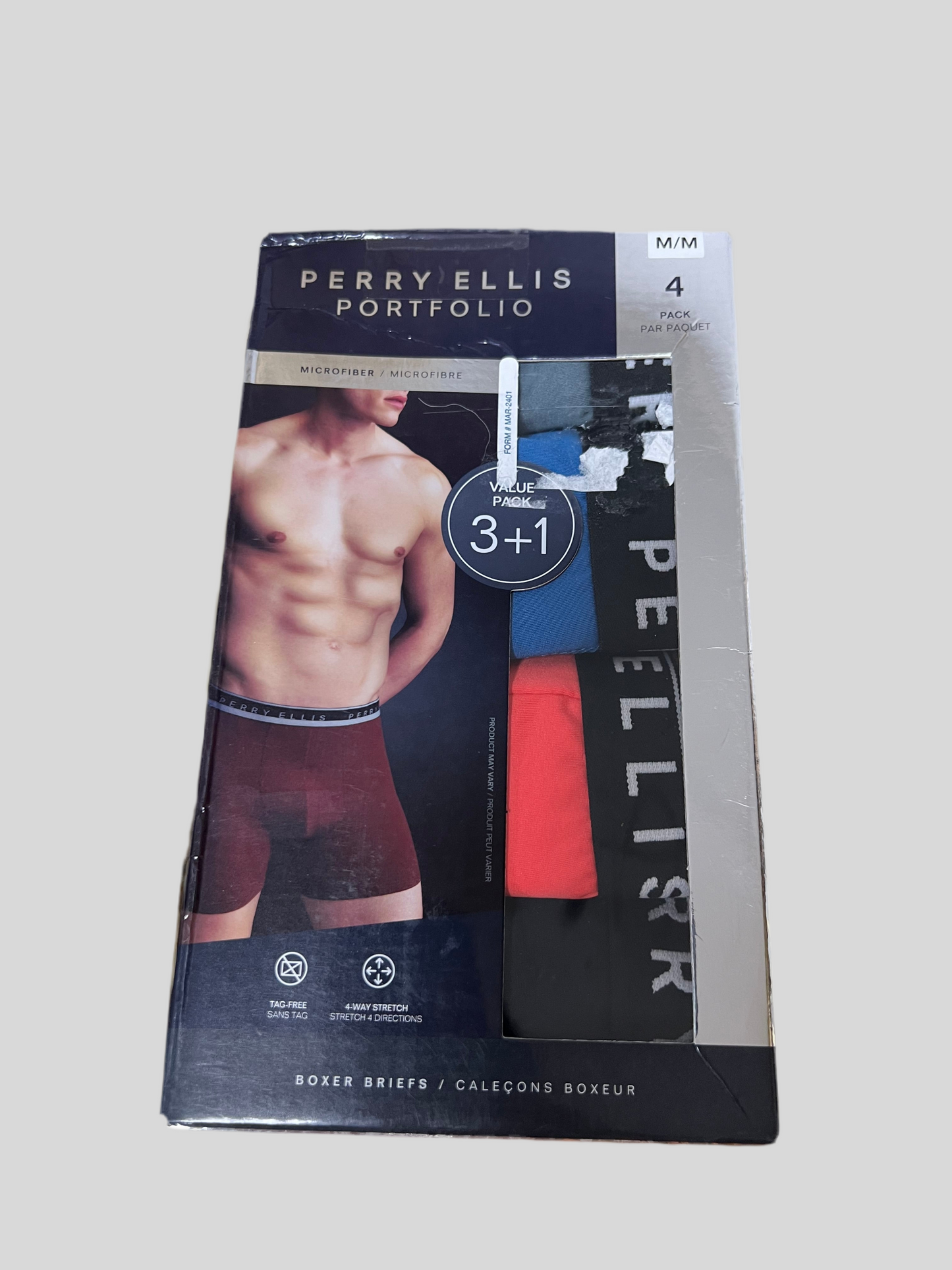 Paquete de 4 Boxer Perry Ellis Tela de microfibra con patrón en color negro, gris, rojo y celeste Talla M