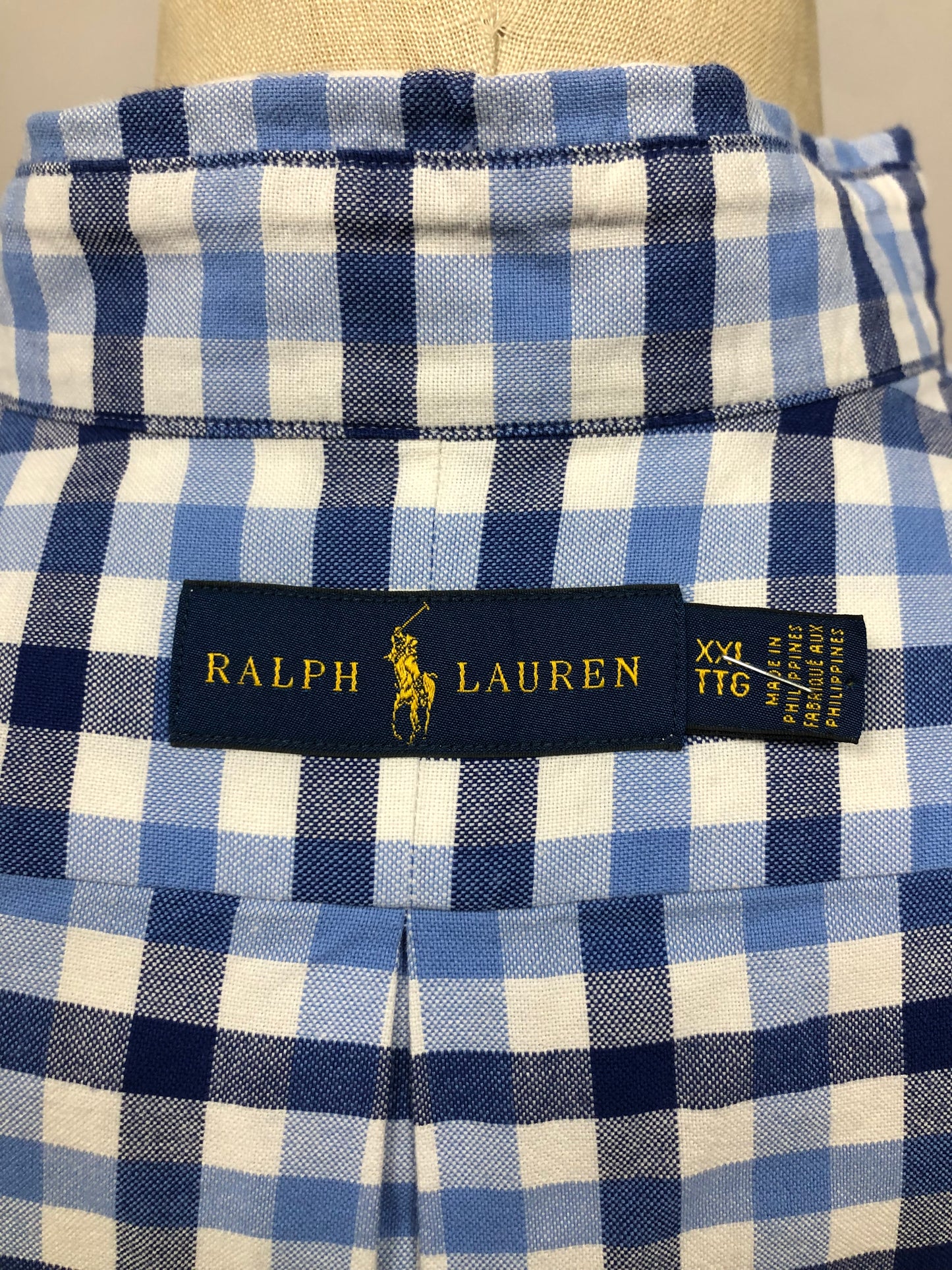 Camisa Polo Ralph Lauren 🏇🏼 Oxford color blanco con patron de cuadros en celeste y azul navy Talla XXL Entalle Regular