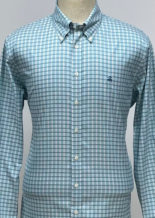 Camisa Brooks Brothers 🐑 color blanco con cuadros tartán en verde esmeralda y negro Talla L Entalle Regular