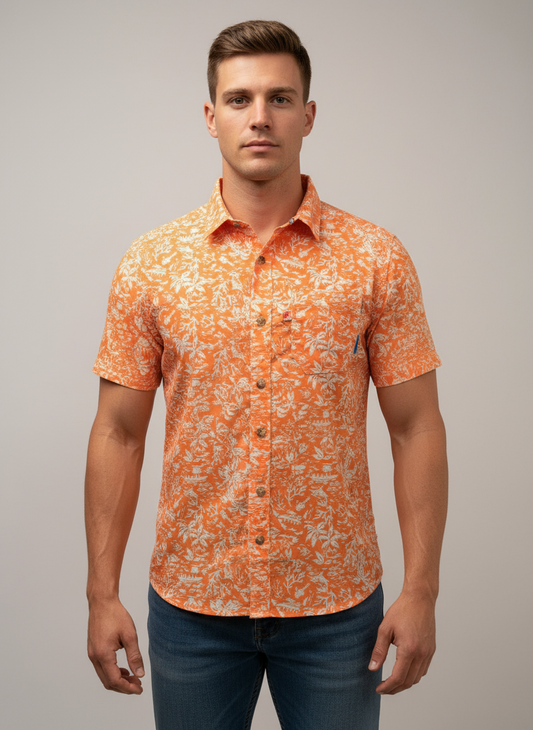 Camisa Columbia 🔹Color naranja con diseño hawaiano en color blanco Manga corta Talla S