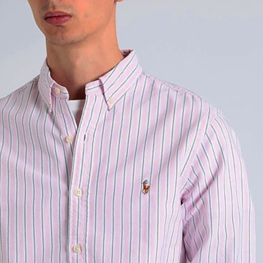 Camisa Polo Ralph Lauren 🏇🏼 Oxford color rosado con rayas en color celeste y blanco Talla XL Entalle Clásico
