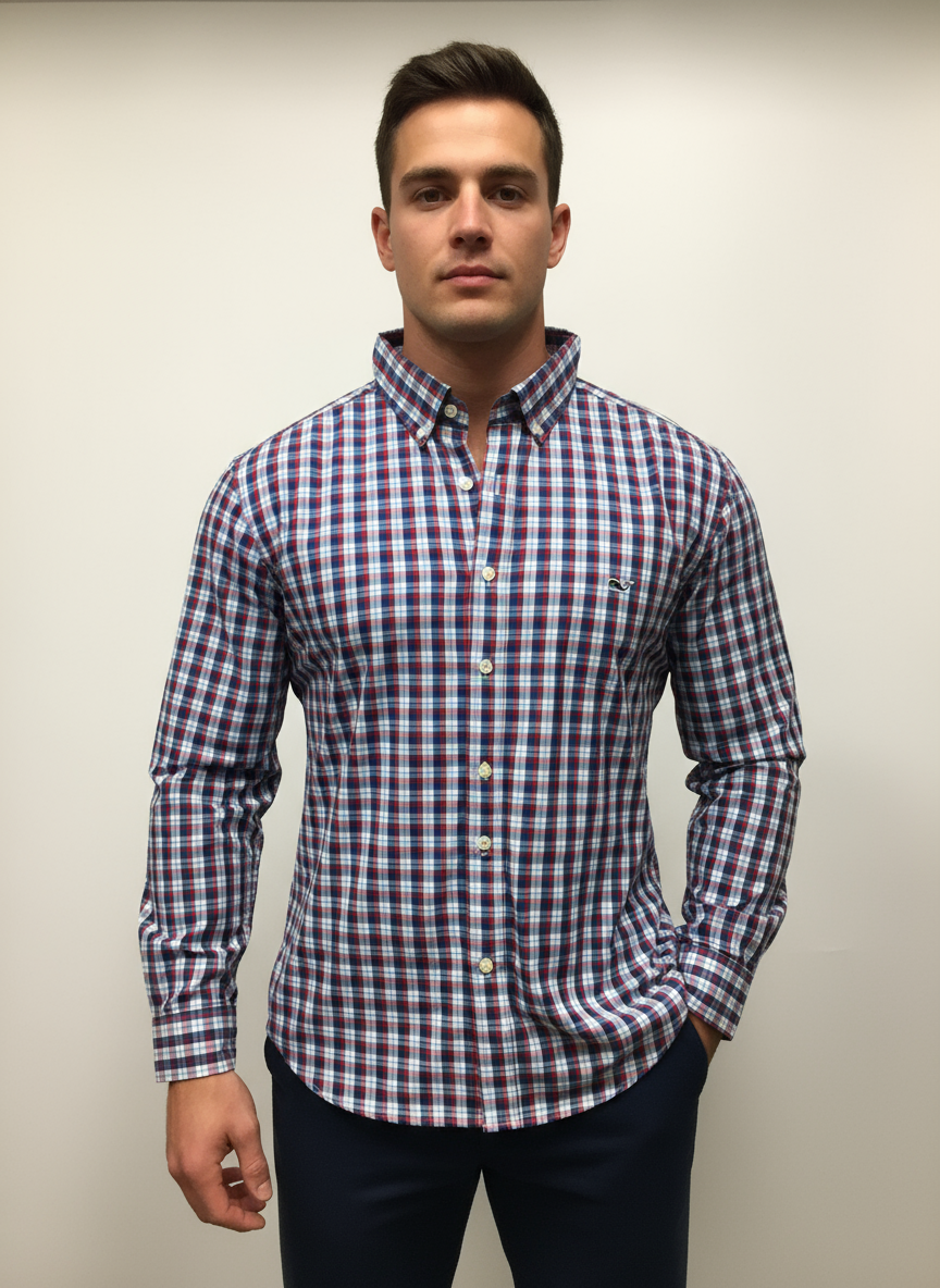 Camisa Vineyard Vines 🐳 con cuadros en color rojo, azul navy y blanco Talla M Entalle Clasico
