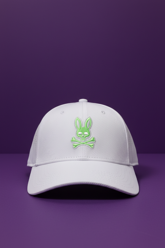 Gorra Psycho Bunny  🐰 Modelo Sport color blanco con logotipo bordado en relieve color verde
