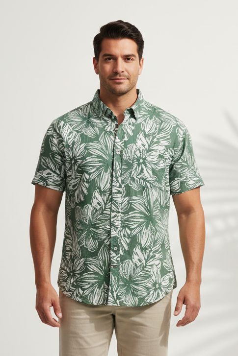 Camisa de botones Chubbies 🌴 Color verde con diseño floral en blanco Talla XL Entalle Regular