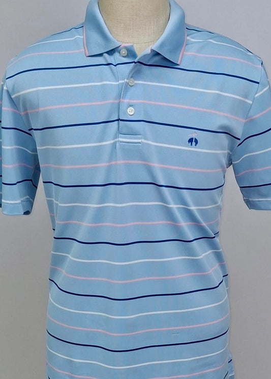 Camiseta Polo Brooks Brothers 🐑 Tela performance color celeste con rayas en color azul, blanco y rosado Talla L Entalle Regular (ver descripción)