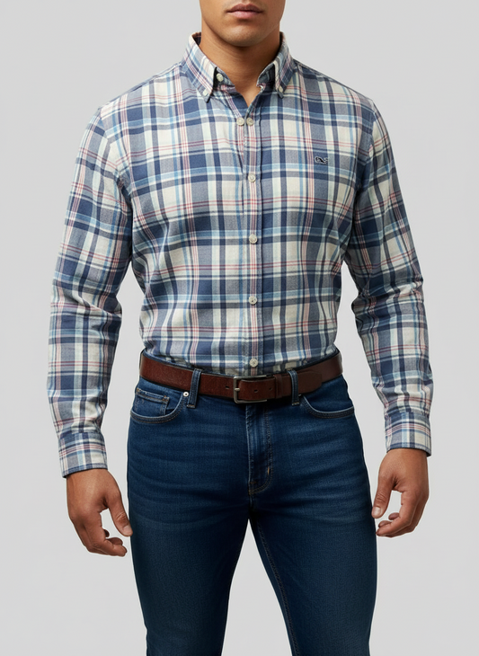 Camisa de botones Vineyard Vines 🐳 color blanco de cuadros en color celeste, azul y rosado Talla M Entalle Slim Fit