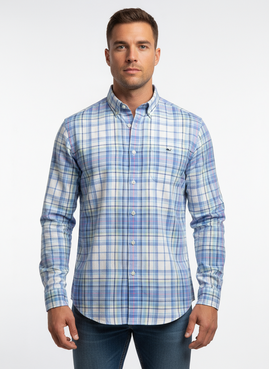 Camisa de botones Vineyard Vines 🐳 color blanco de cuadros en color azul, celeste y verde Talla M Entalle Slim Fit