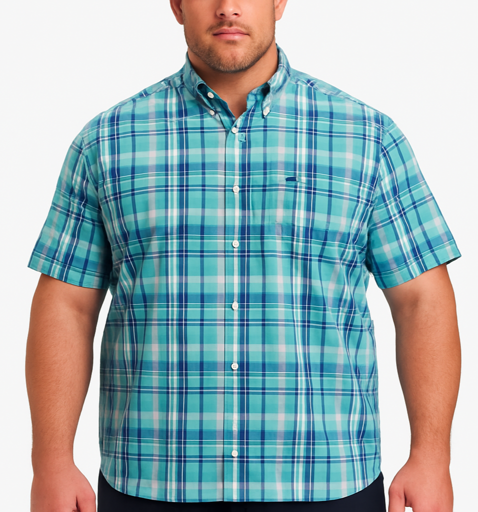 Camisa Crown & Ivy 👑 con patrón de cuadros tartán en color turquesa, azul y blanco Talla XXL Entalle Clásico