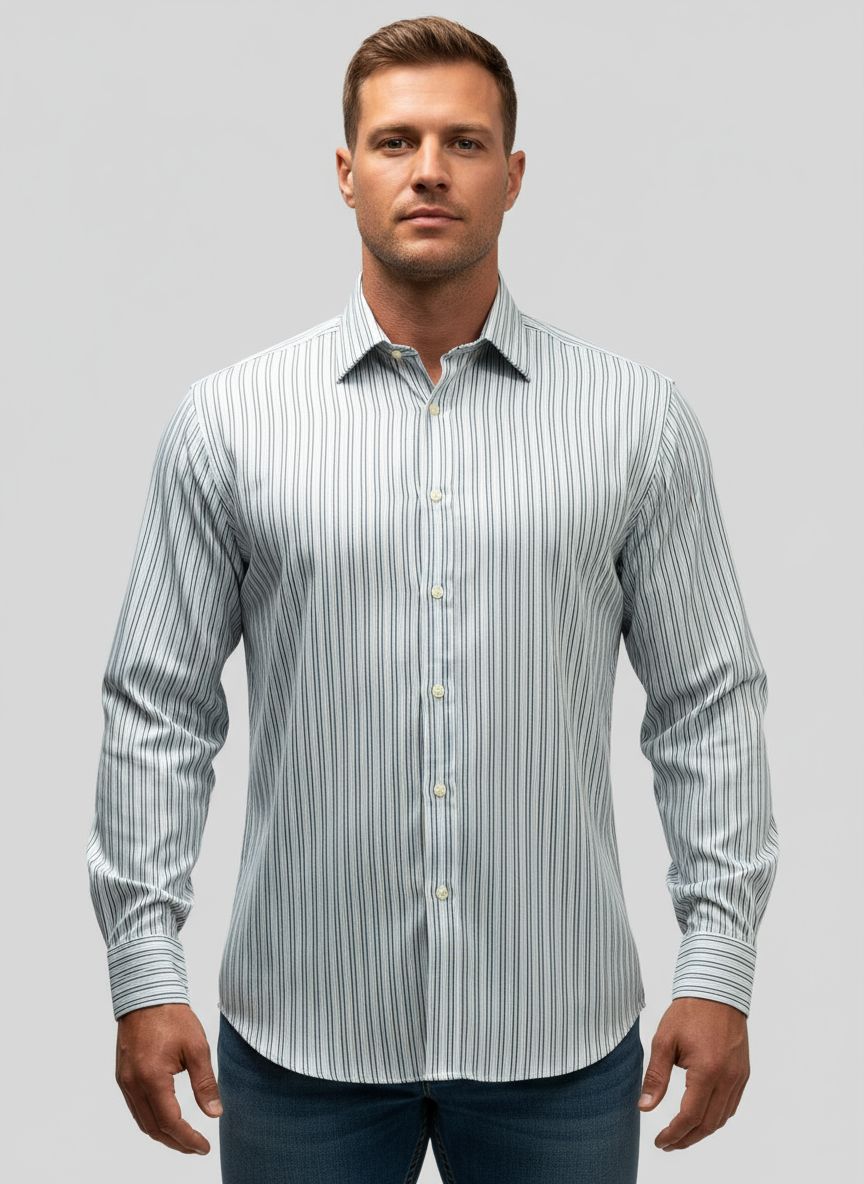 Camisa de botones Thomas Pink 🇬🇧 color blanco con rayas en celeste y negro Talla L Entalle Regular