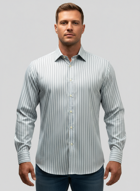 Camisa de botones Thomas Pink 🇬🇧 color blanco con rayas en celeste y negro Talla L Entalle Regular