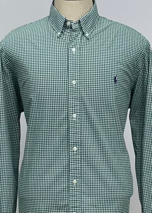 Camisa Polo Ralph Lauren 🏇🏼 con patrón de cuadros gingham verde oscuro y blanco Talla XL Entalle Clasico