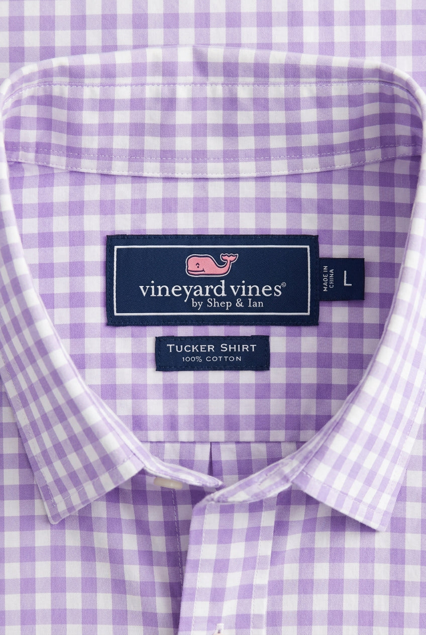 Camisa de botones Vineyard Vines 🐳 con patron cuadros gingham en color lila y blanco Talla L Entalle Regular