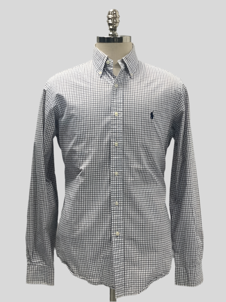 Camisa Polo Ralph Lauren 🏇🏼 color blanco con patron de cuadro azul y morado Talla M Entalle Custom Fit