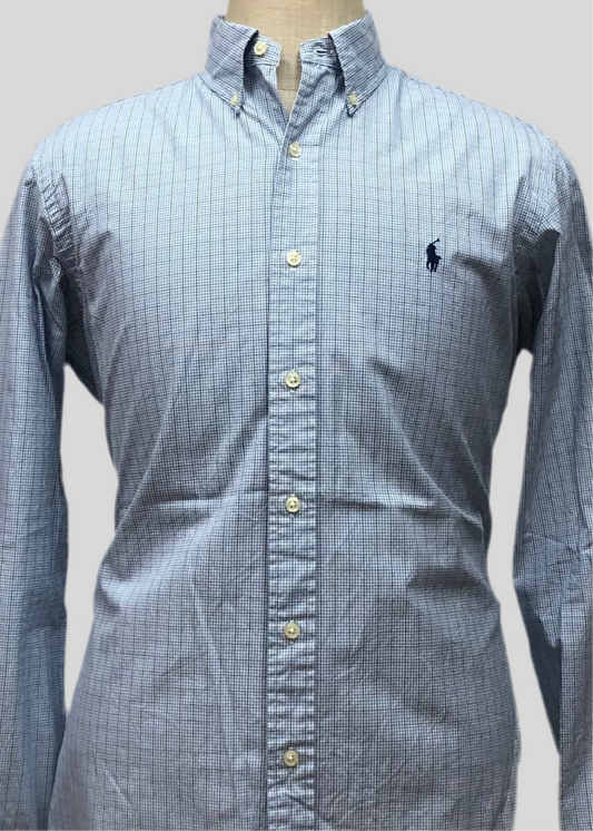 Camisa Polo Ralph Lauren 🏇🏼 con patron de cuadros finos celeste, azul y blanco Talla M Entalle Clásico