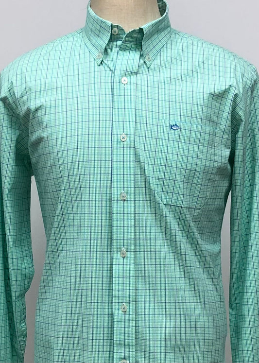 Camisa de botones Southern Tide  🐟 Color Blanco con patron de cuadros en color verde y azul navy Talla L Entalle Regular