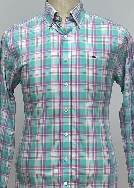 Camisa Vineyard Vines 🐳 color blanco con cuadros en color rosado, verde y lila Talla S Entalle Slim Fit