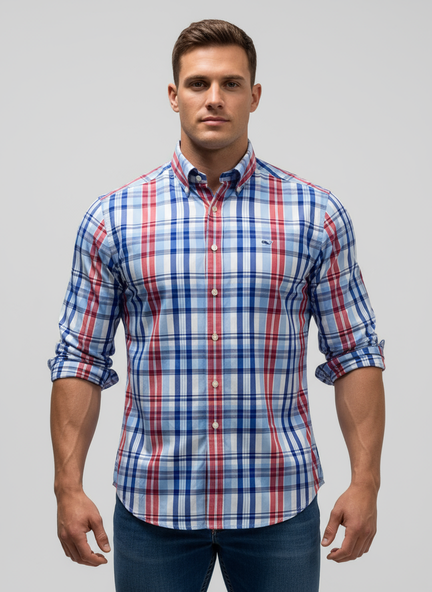 Camisa de botones Vineyard Vines 🐳 de cuadros en color rojo, azul y blanco Talla M Entalle Slim Fit