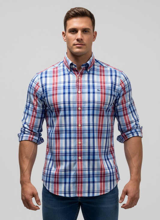 Camisa de botones Vineyard Vines 🐳 de cuadros en color rojo, azul y blanco Talla M Entalle Slim Fit