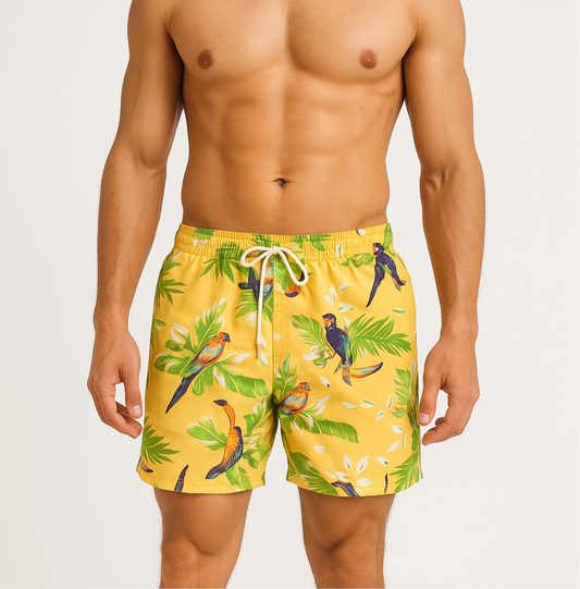 Shorts de baño Tommy Hilfiger 🇺🇸 en color amarillo con diseño de tropical talla M