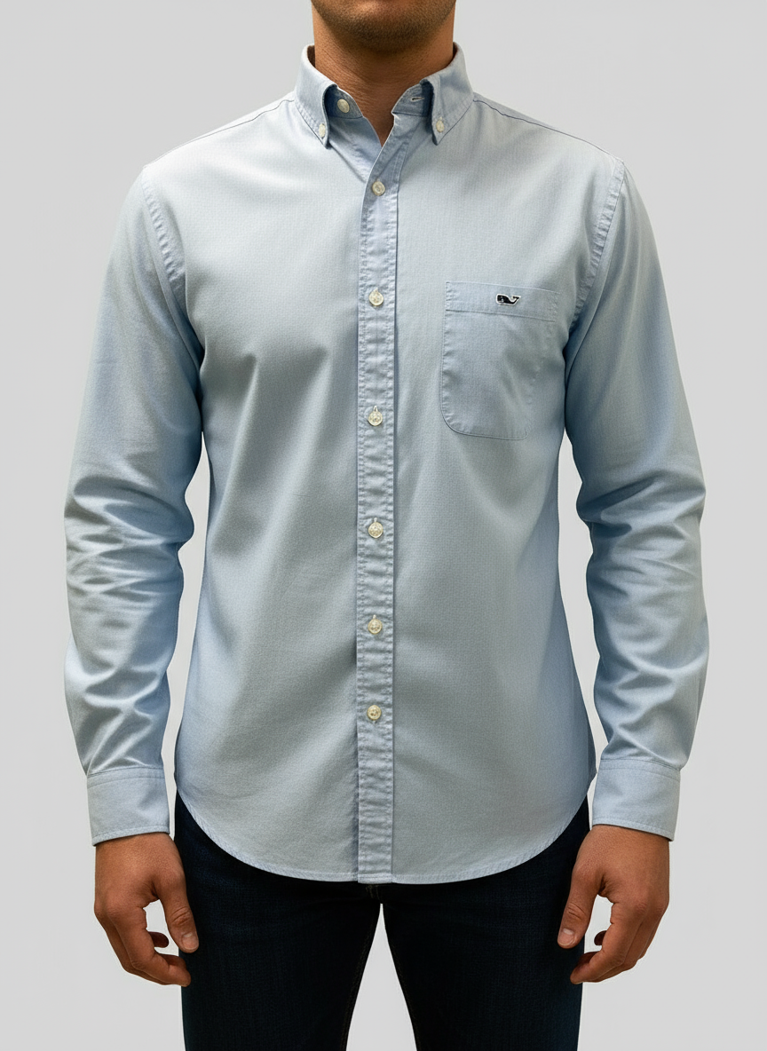 Camisa de botones Vineyard Vines 🐳 de cuadros finos en color celeste y blanco Talla M Entalle Clasico