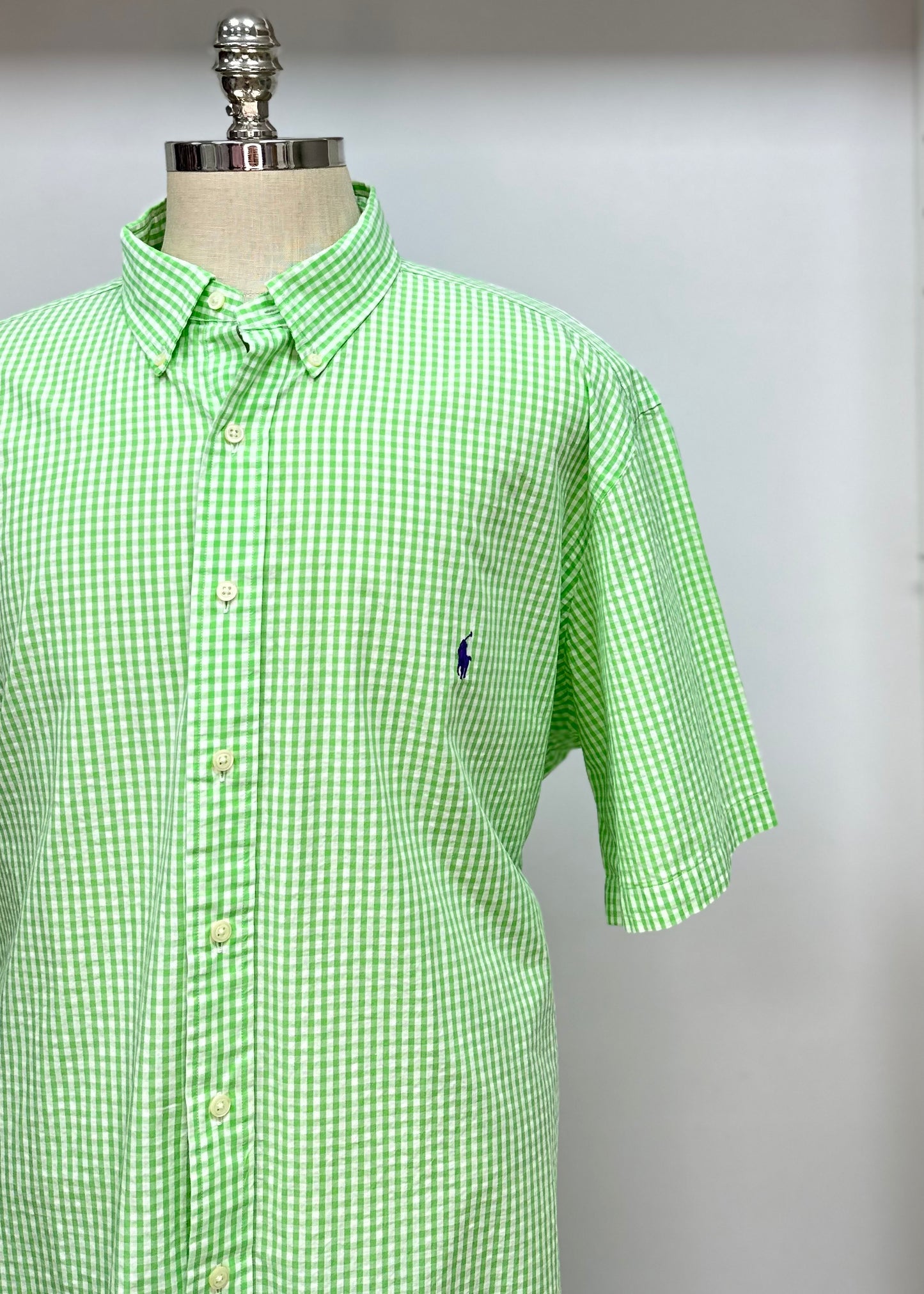 Camisa Polo Ralph Lauren 🏇🏼  Color blanco con patrón de cuadros en verde Seersucker Talla XXL Entalle Regular