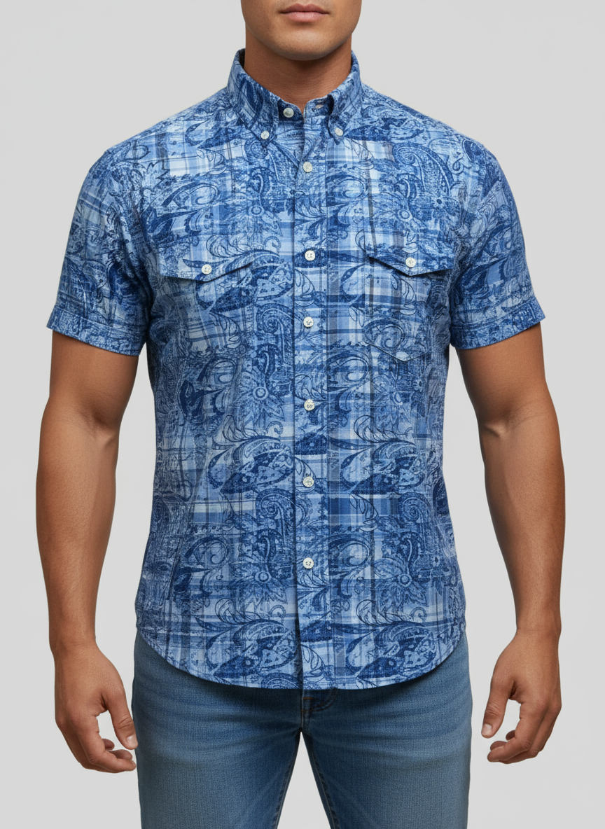 Camisa de botones Polo Ralph Lauren 🏇🏼 color azul indigo y blanco con diseño floral Talla M Entalle Regular