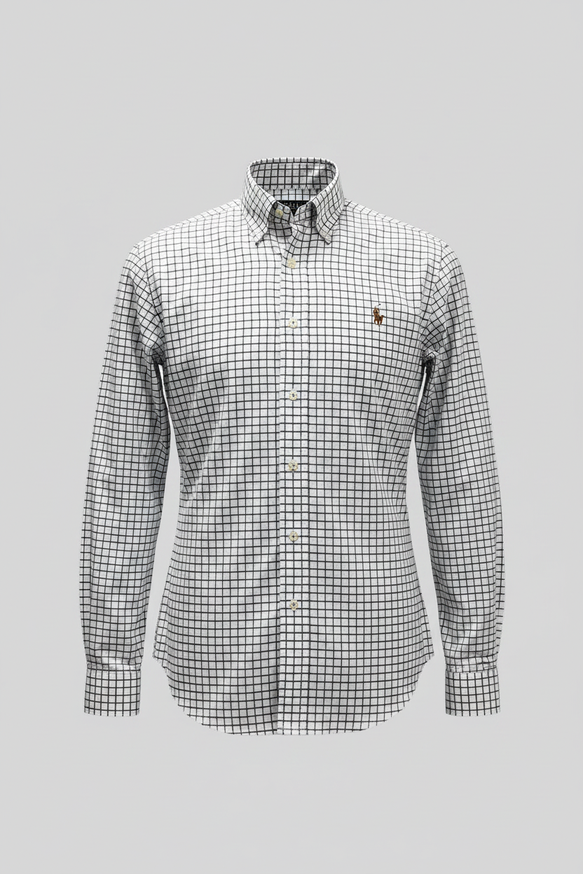 Camisa Polo Ralph Lauren 🏇🏼 Color blanco de cuadros en azul navy Talla M Entalle Slim Fit