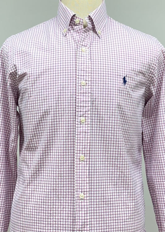 Camisa Polo Ralph Lauren 🏇🏼 color blanco con patron de cuadros rosado y azul Talla M Entalle Regular