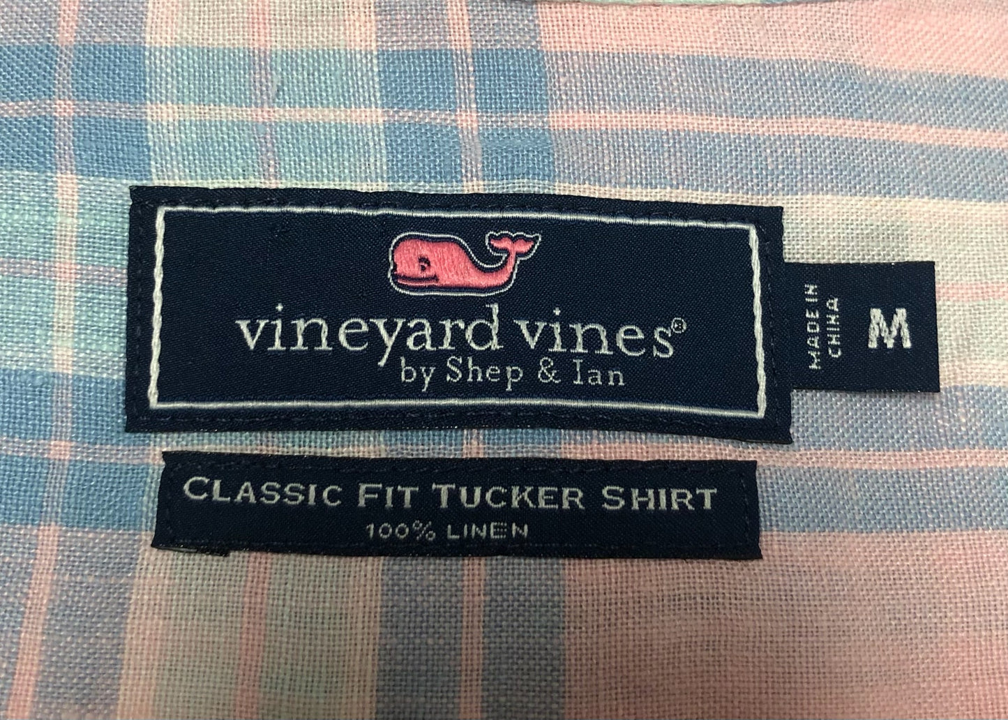 Camisa de botones Vineyard Vines 🐳 De Lino color rosado con patrón de cuadros en azul y blanco Talla M Entalle Clásico