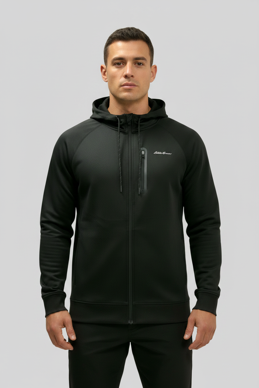Jacket con capucha Eddie Bauer 🏃🏻‍♂️ color negro con con zíper completo y logo en color gris Talla L