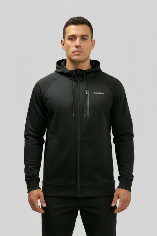 Jacket con capucha Eddie Bauer 🏃🏻‍♂️ color negro con con zíper completo y logo en color gris Talla L