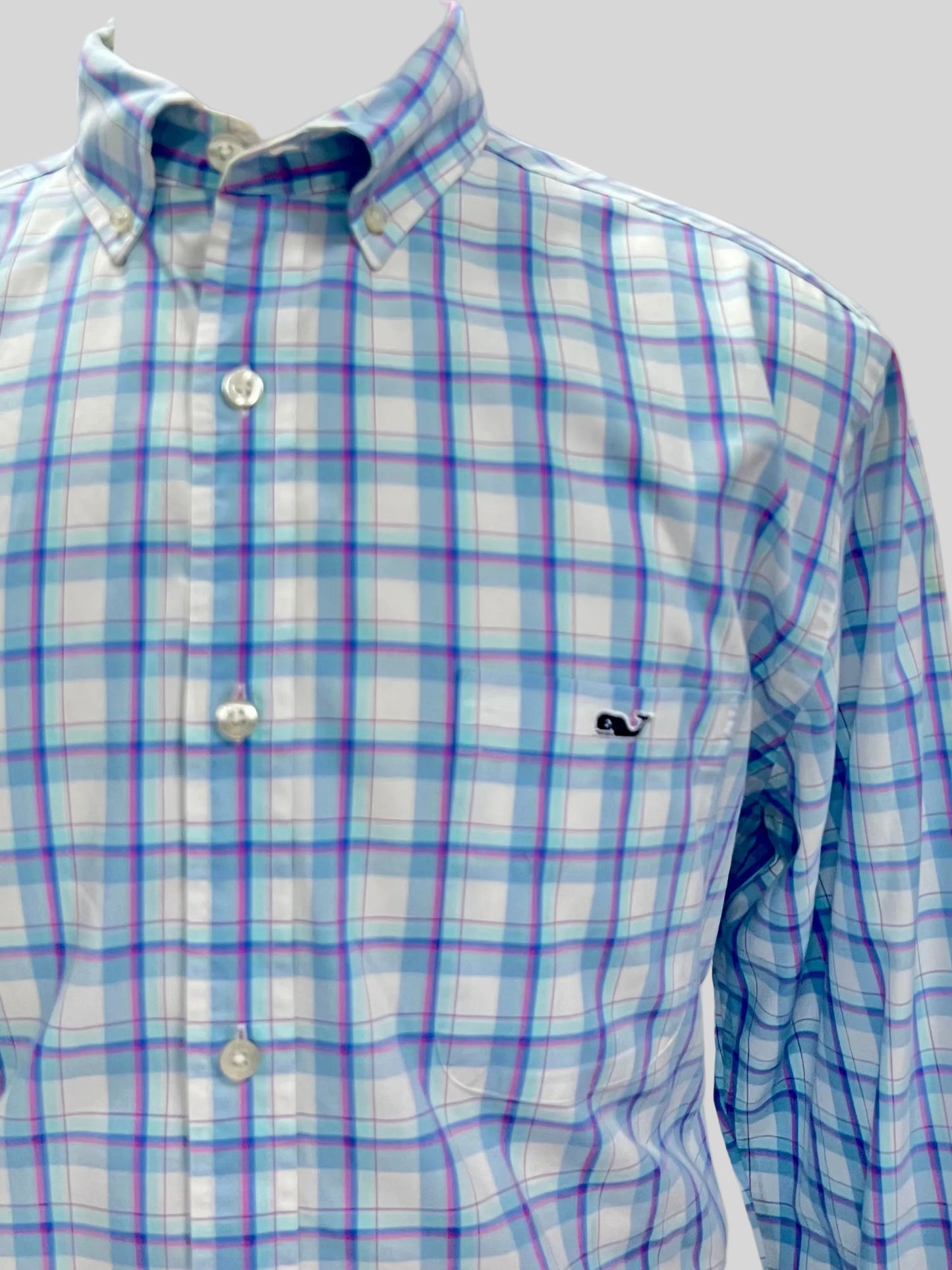 Camisa Vineyard Vines 🐳 Color blanco de cuadros en celeste y rosado Talla L Entalle Clásico