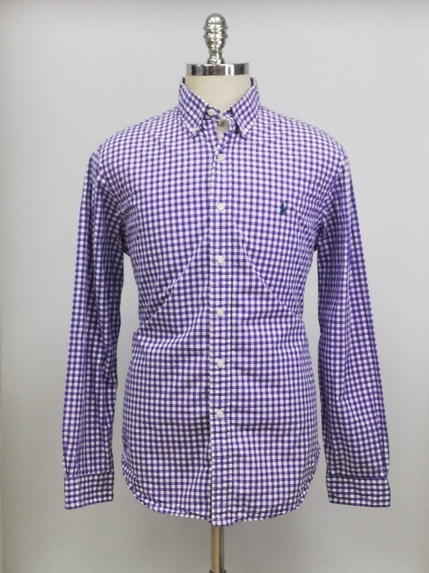 Camisa Polo Ralph Lauren 🏇🏼 con patron de cuadros gingham morado y blanco Talla L Entalle Regular (ver descripción)