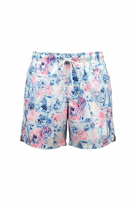 Short de baño Lilly Pulitzer color blanco con diseño playero en azul y rosado talla M
