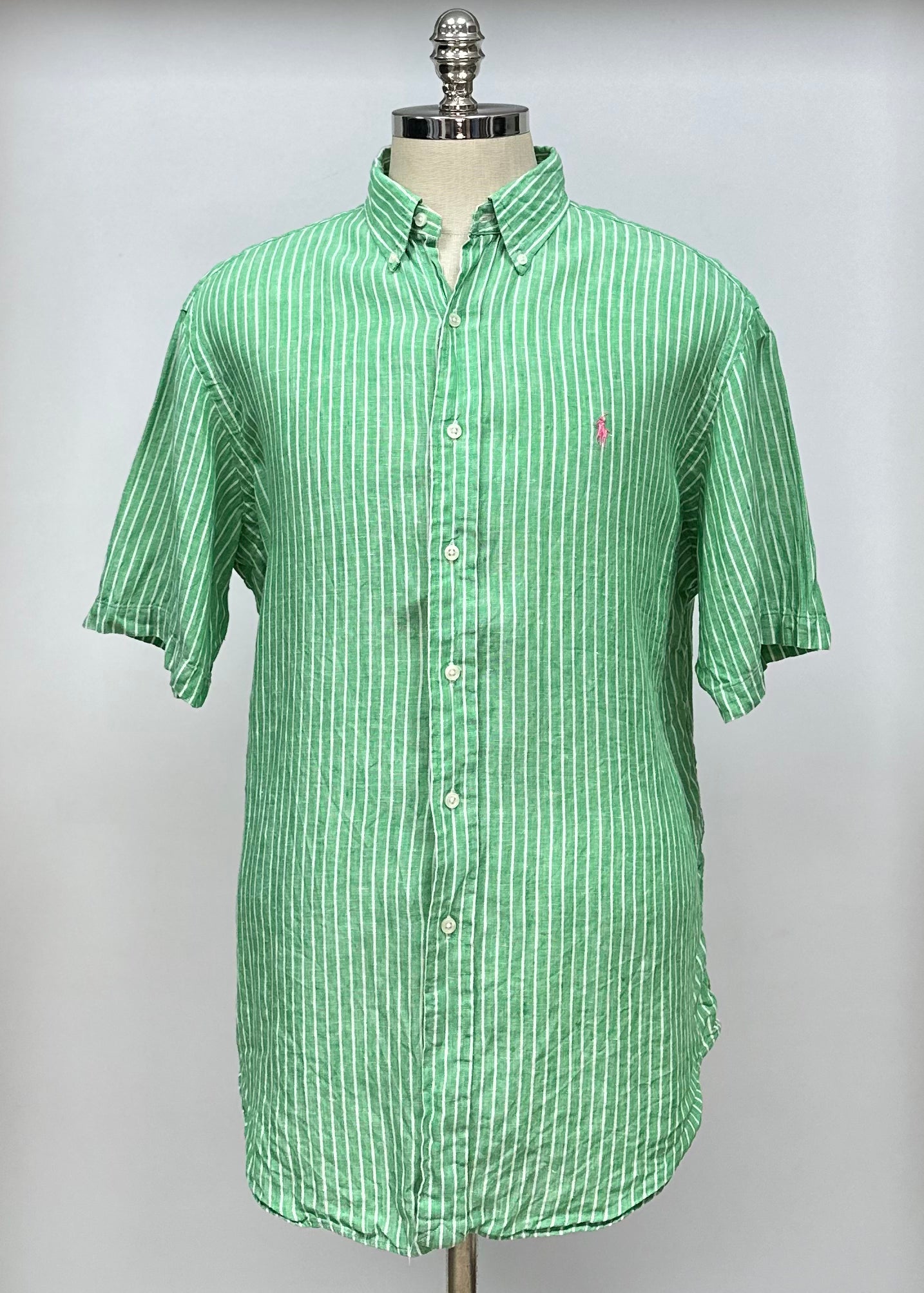 Camisa Polo Ralph Lauren 🏇🏼 de Lino con patron de rayas en color verde y blanco Talla XL Entalle Clásico