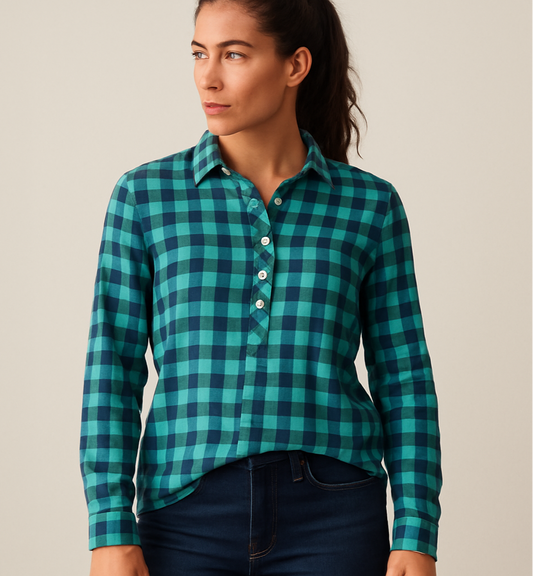 Camisa de mujer Southern Tide 🐟 con patrón de cuadros en azul y turquesa Talla S (4) Entalle Regular