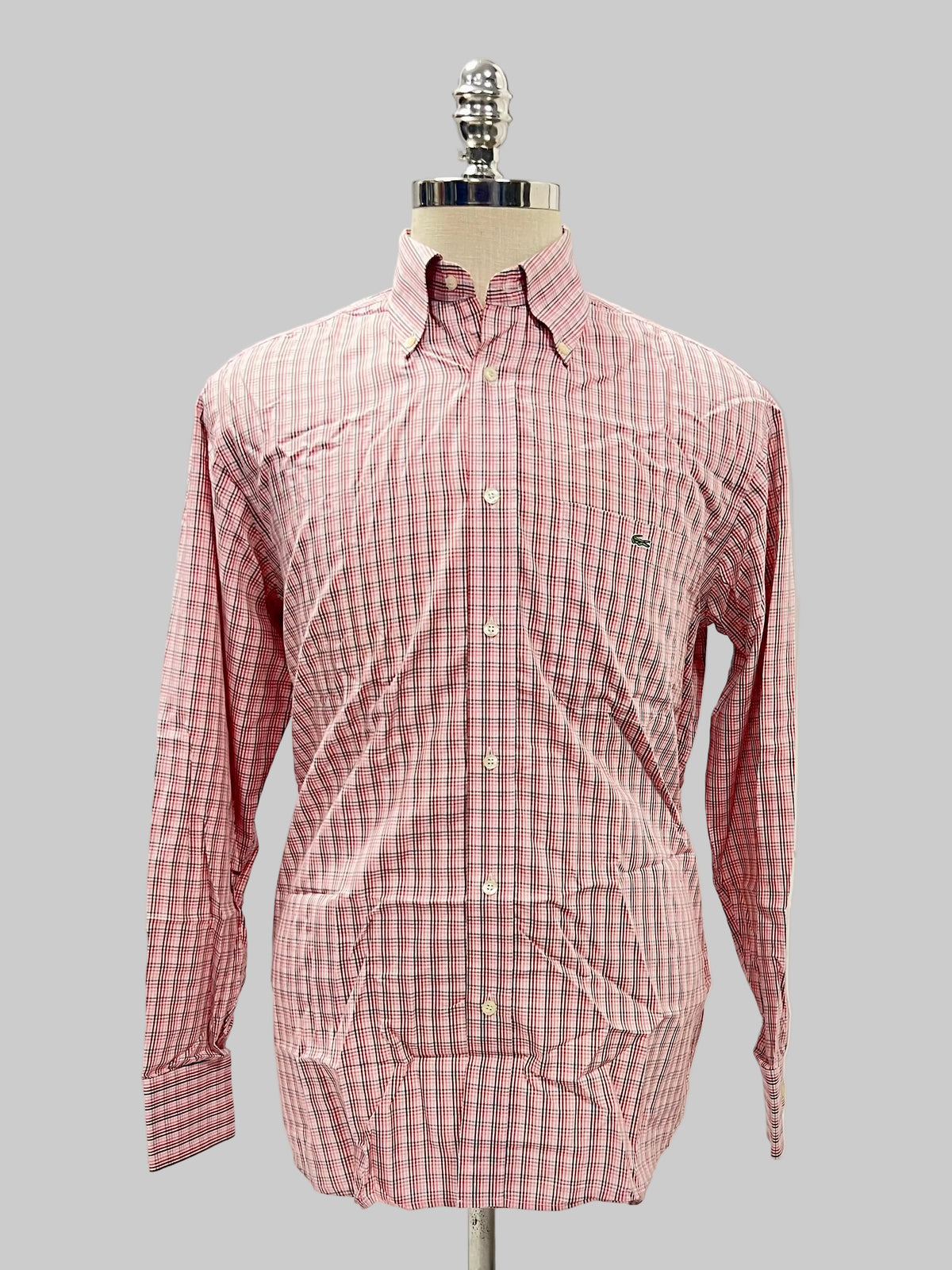Camisa Lacoste 🐊 de cuadros finos en rosado, verde y blanco Talla L Entalle Regular