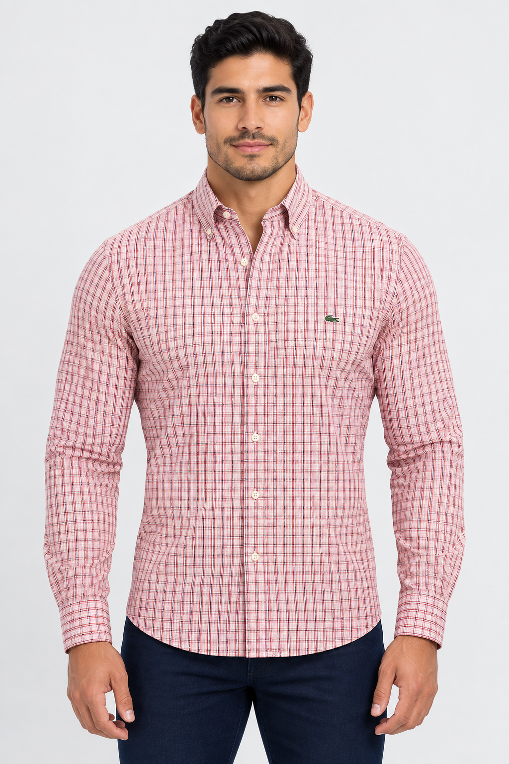 Camisa Lacoste 🐊 de cuadros finos en rosado, verde y blanco Talla L Entalle Regular