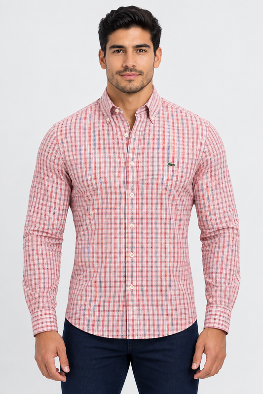 Camisa Lacoste 🐊 de cuadros finos en rosado, verde y blanco Talla L Entalle Regular