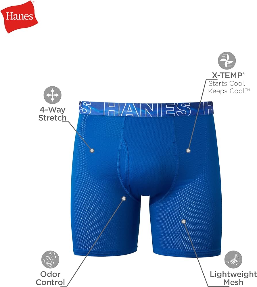 Paquete de 3 Calzoncillos tipo Boxer Hanes de Tela Performance X-Temp en color azul y rojo- Tela ligera en Talla L