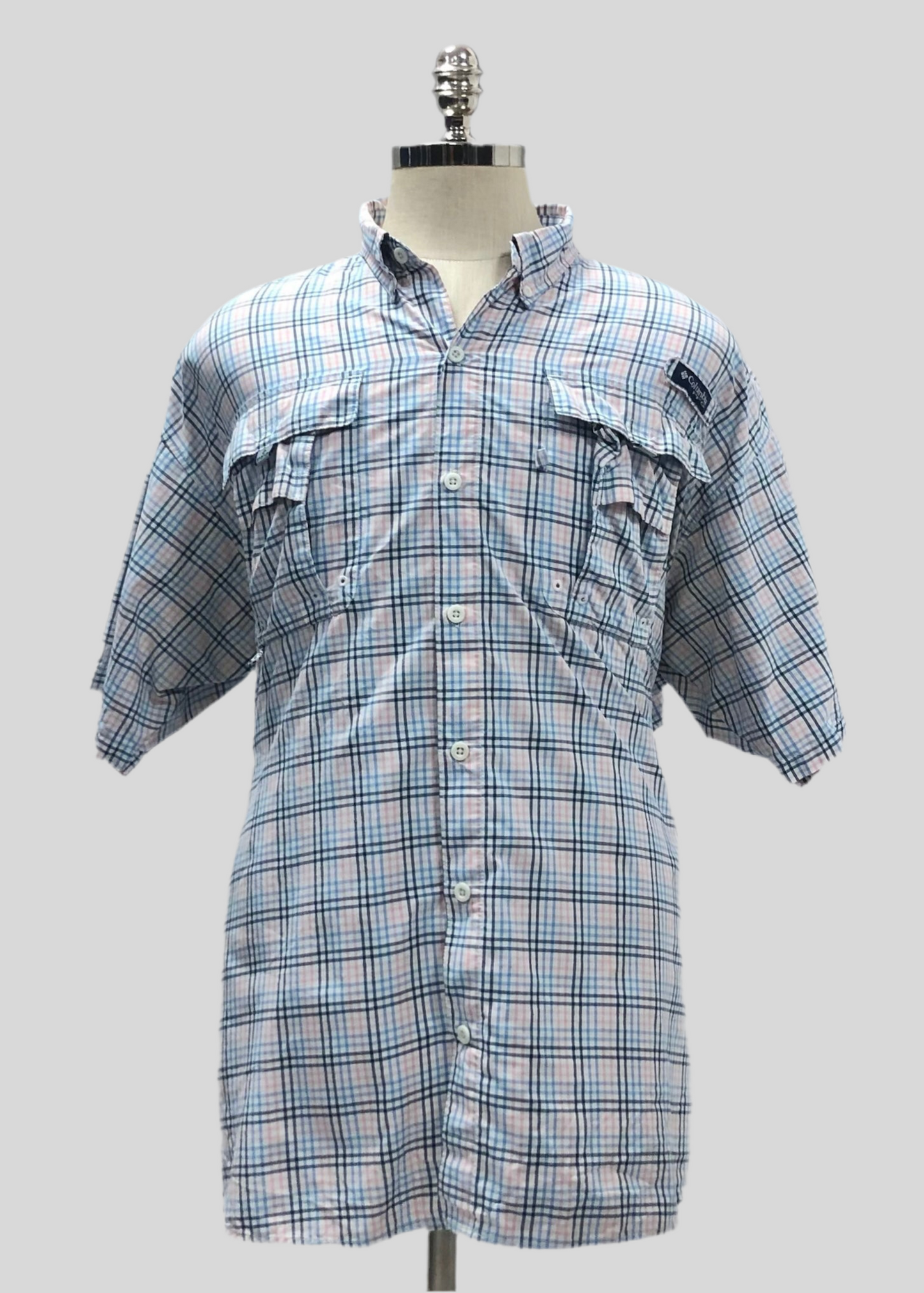 Camisa Columbia 🔹 Super Bahama Color blanco de cuadros en azul y rosado Talla XL (ver descripción)