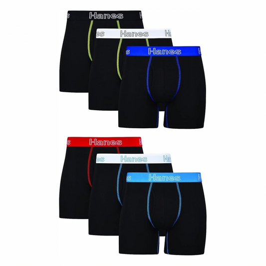 Paquete de 6 Calzoncillos tipo Boxer Hanes de Tela Algodón Stretch color negro con cintura en varios colores - Talla M