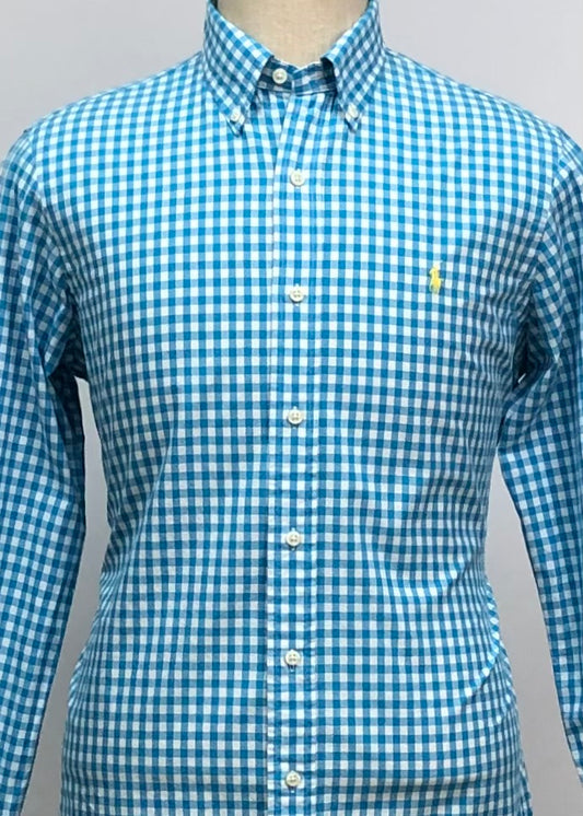 Camisa Polo Ralph Lauren 🏇🏼 con patrón de cuadros gingham turquesa y blanco Talla M Entalle Regular