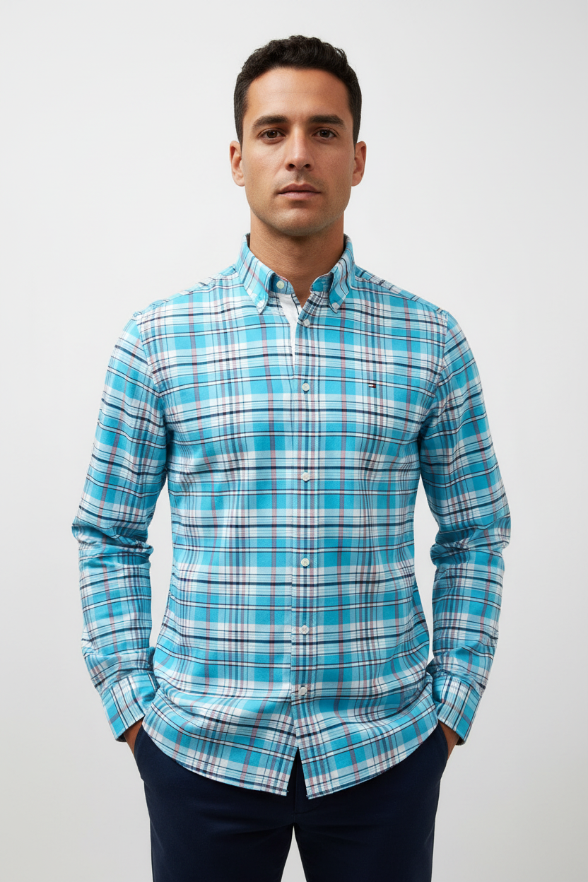 Camisa de botones Tommy Hilfiger 🇺🇸 de cuadros en color turquesa, rosado y blanco Talla M Entalle Regular