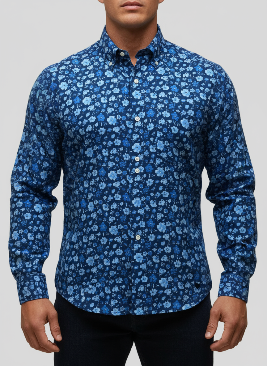 Camisa Polo Ralph Lauren 🏇🏼 de Lino en color azul navy con diseño floral en celeste Talla L Entalle Regular