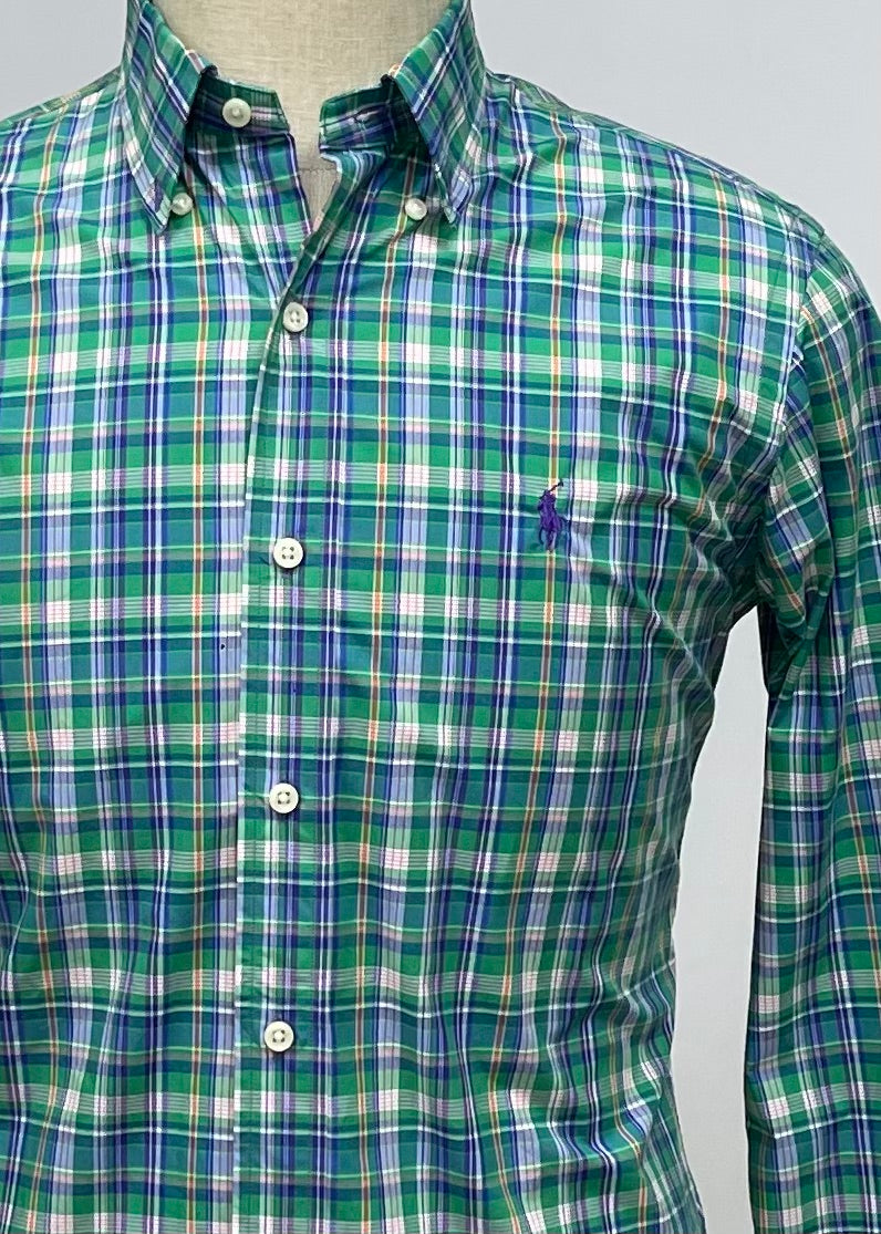 Camisa Polo Ralph Lauren 🏇🏼 color verde de cuadros en color morado y blanco Talla S Entalle Regular