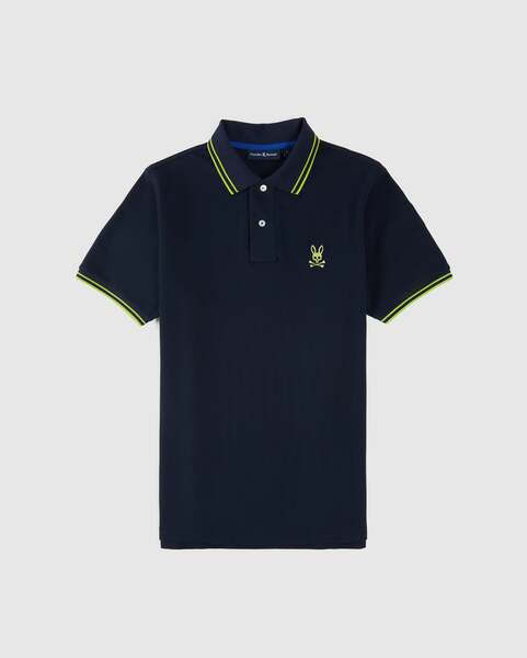Camiseta Polo Psycho Bunny 🐰 Pique en color azul navy con diseño de cuello en verde intenso Talla M Entalle Regular